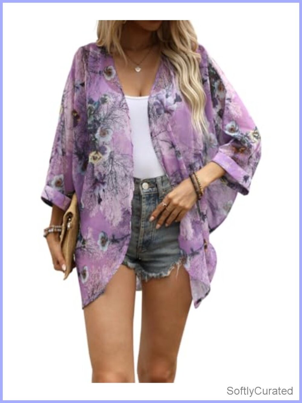 Women's Sheer Chiffon Floral Print Kimono Cardigan Coverup 3/4 Sleeve